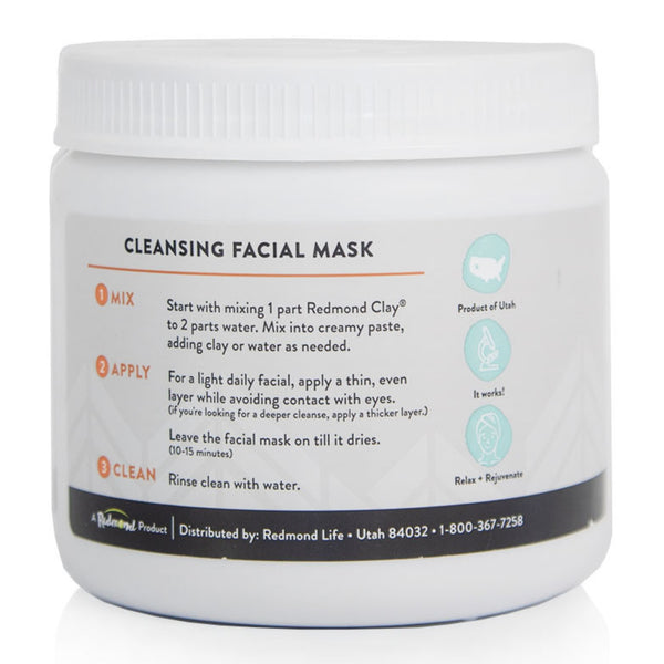 White jar of Redmond Cleansing Facial Mask displaying ingredients and instructions on the back label. 
