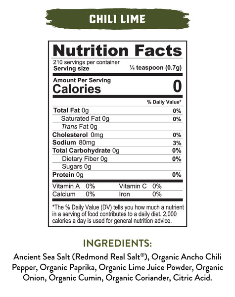 Nutrition Facts label displays zero calories per serving for a chili lime seasoning. 
