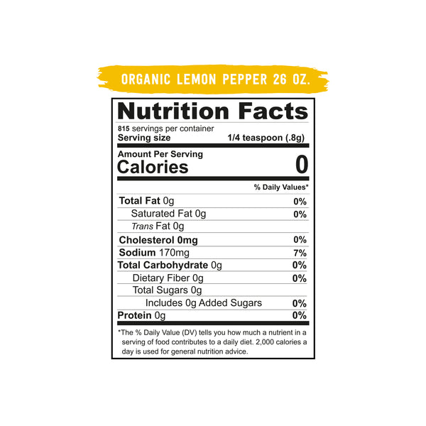 Nutrition Facts label for Organic Lemon Pepper, displaying serving size, calories, and nutritional content. 
