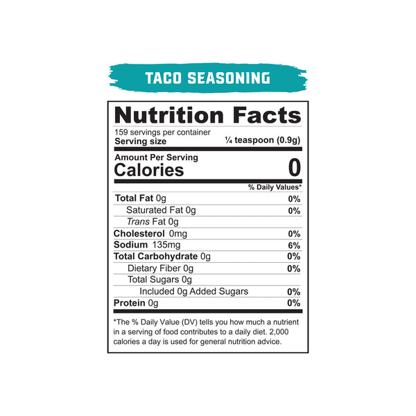 "Nutrition Facts label for taco seasoning." 
