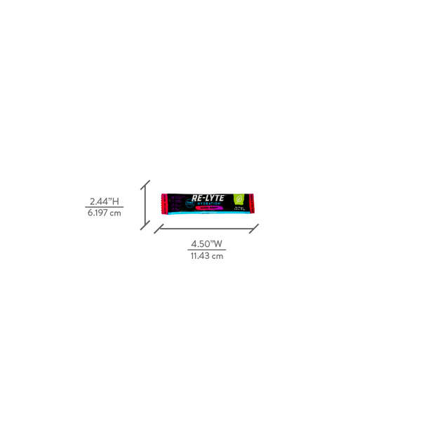 Dimensions of an individual Re-Lyte Hydration stick pack electrolyte powder on white background. Dimensions are 2.44 inches high and 4.5 inches wide.