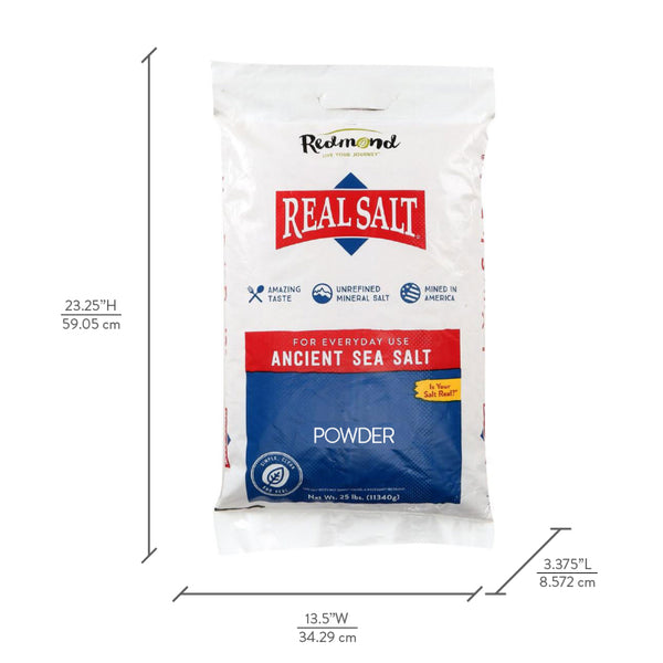 Redmond Real Salt Ancient Sea Salt powder in a 25-pound bag. 
