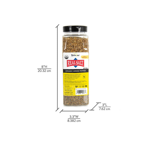 A jar of Redmond Real Salt Organic Lemon Pepper sits against a white background. Showing dimensions of 8 inches by 3.3 inches by 3 inches.