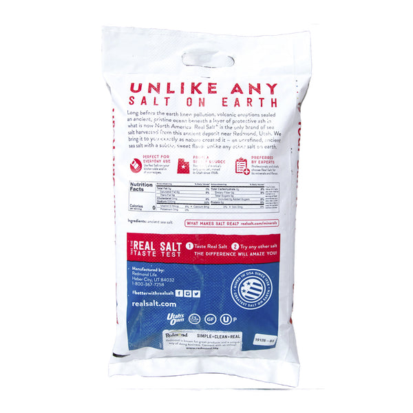 Back of Real Salt bag highlighting its origin from an ancient, untouched sea salt deposit in North America and its unrefined, natural sweetness. 
