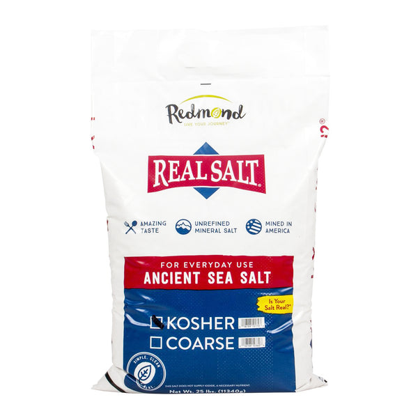 A 25-pound bag of Redmond Real Salt, an unrefined, coarse, kosher sea salt mined in America. 
