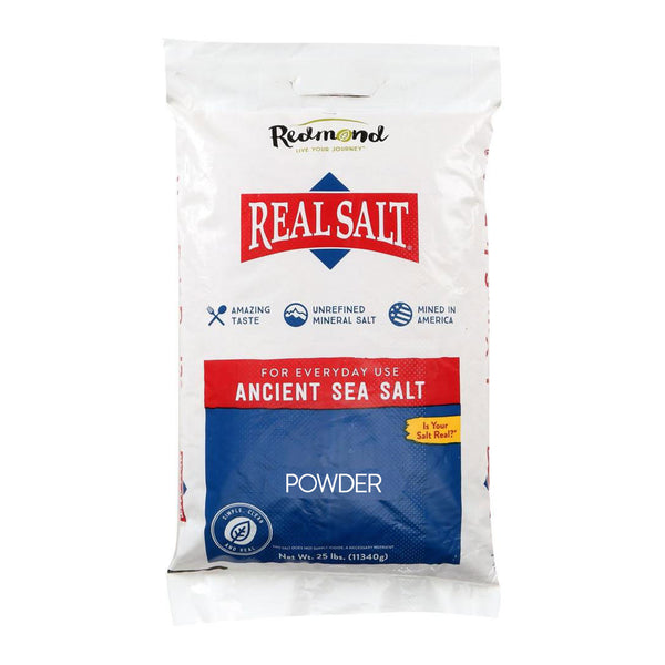 A 25-pound bag of Redmond Real Salt, an unrefined, mineral-rich ancient sea salt in powder form. 
