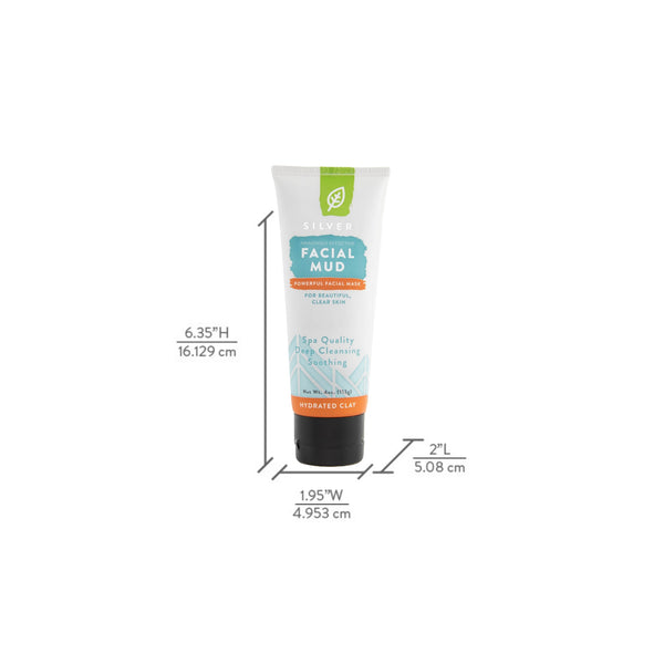 A tube of silver facial mud mask stands against a white background with dimension lines indicating height and width. 
